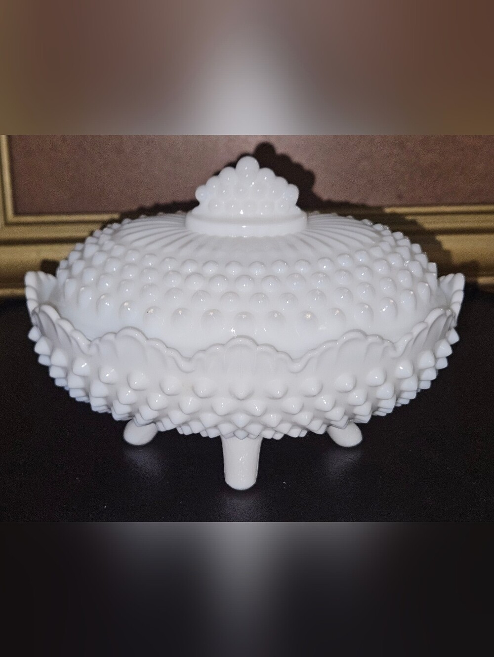 Vintage Fenton Hobnail White Milk Glass Oval Covered Footed Candy Dish